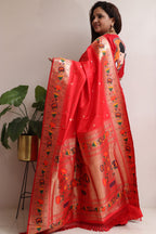 Red Silk Paithani Flower Design Saree - Luxurion World