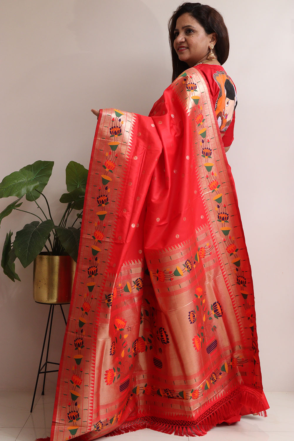 Red Silk Paithani Flower Design Saree - Luxurion World