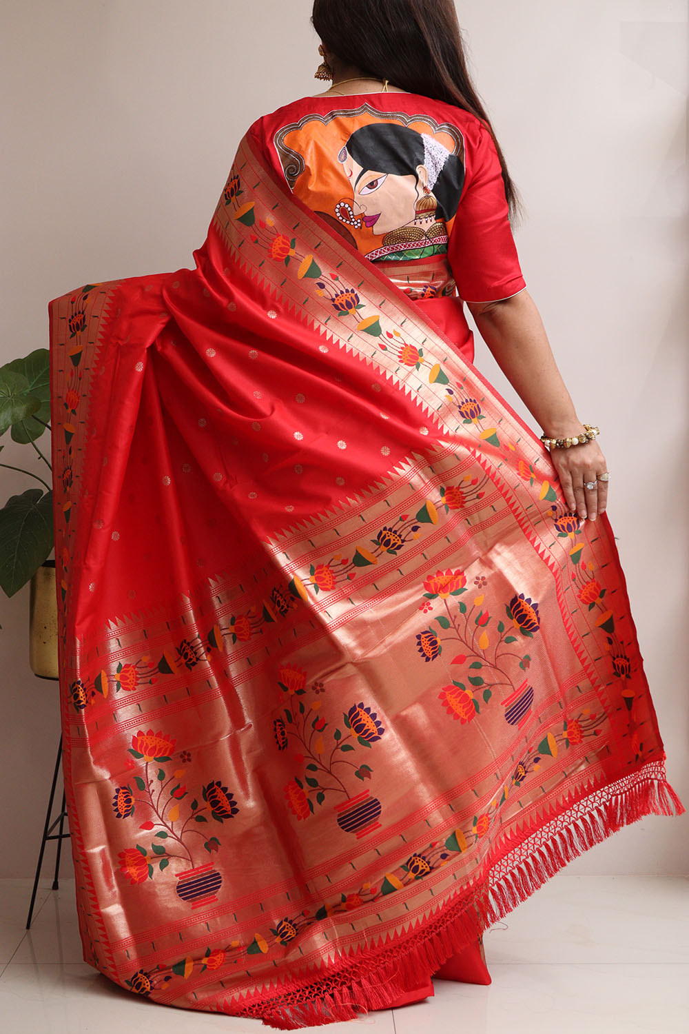 Red Silk Paithani Flower Design Saree - Luxurion World