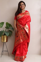Red Silk Paithani Flower Design Saree - Luxurion World