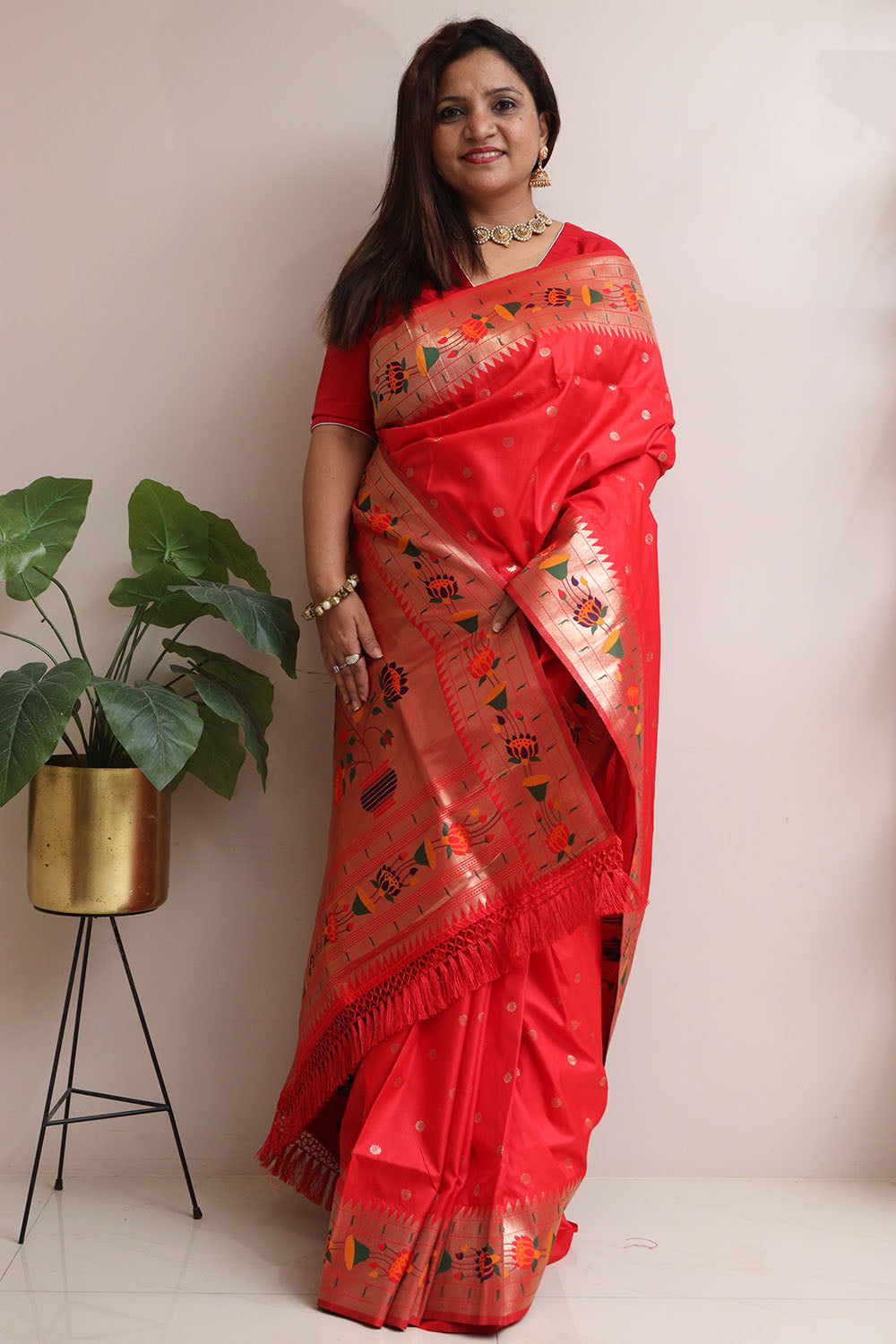 Red Silk Paithani Flower Design Saree - Luxurion World