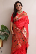 Red Silk Paithani Flower Design Saree - Luxurion World