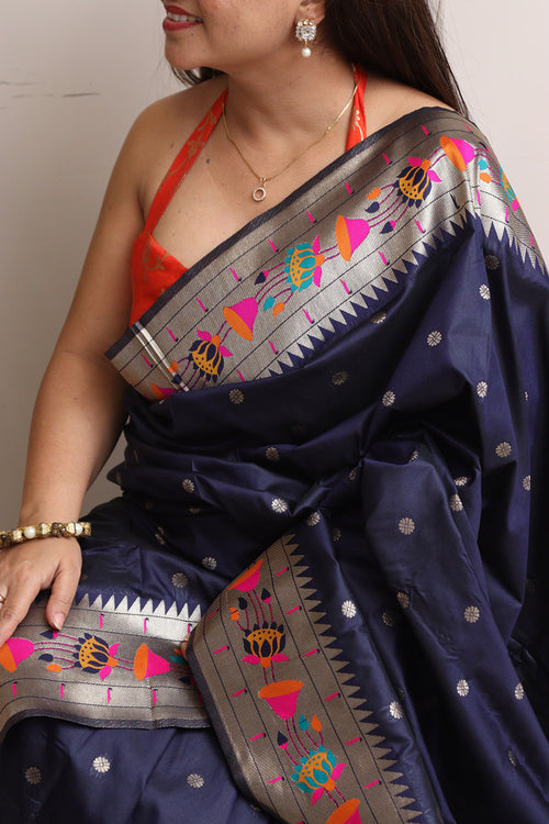 Elegant Blue Silk Paithani Flower Design Saree - Luxurion World