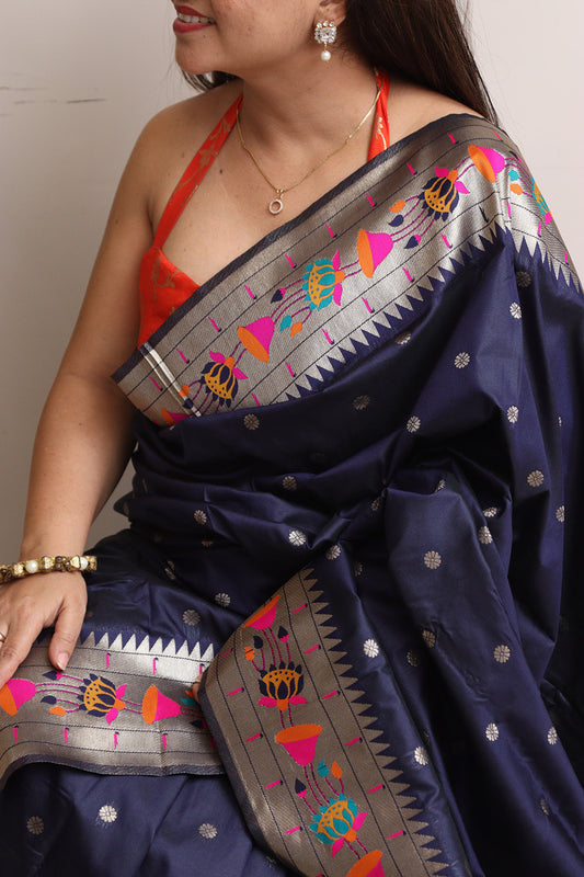 Elegant Blue Silk Paithani Flower Design Saree - Luxurion World