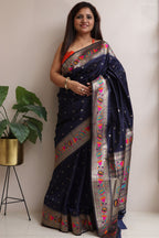 Elegant Blue Silk Paithani Flower Design Saree - Luxurion World