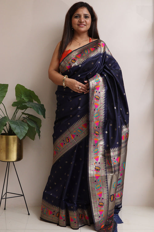 Elegant Blue Silk Paithani Flower Design Saree - Luxurion World