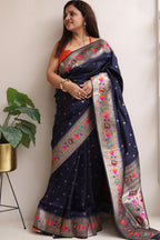 Elegant Blue Silk Paithani Flower Design Saree - Luxurion World