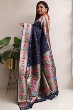 Elegant Blue Silk Paithani Flower Design Saree - Luxurion World