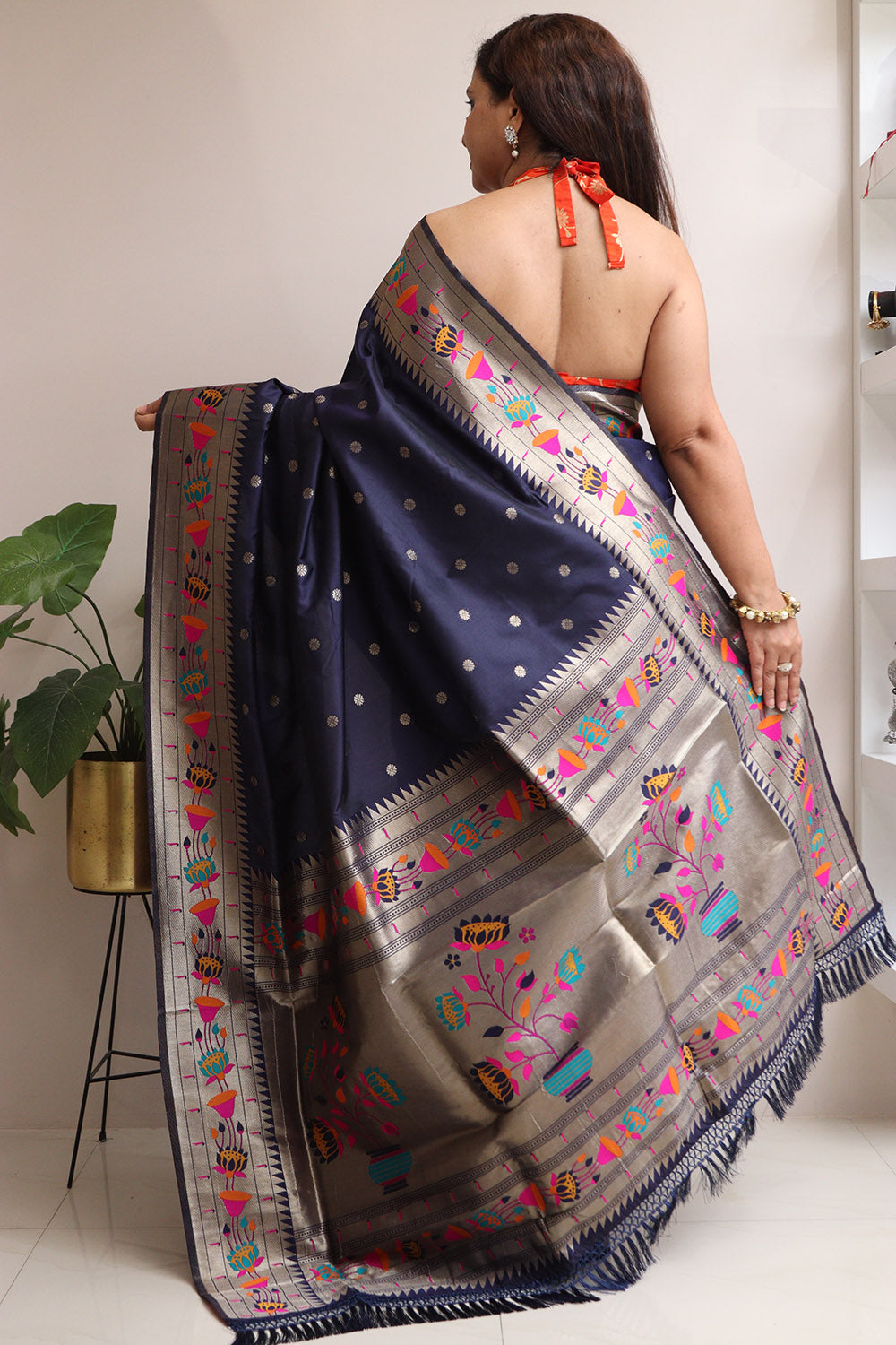 Elegant Blue Silk Paithani Flower Design Saree - Luxurion World