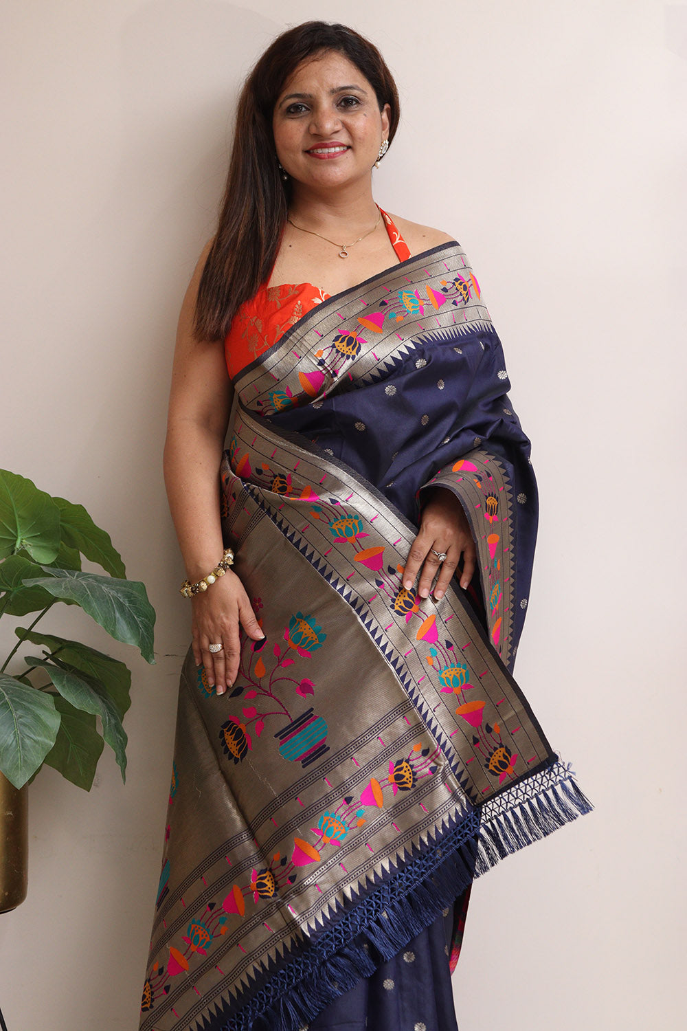 Elegant Blue Silk Paithani Flower Design Saree - Luxurion World