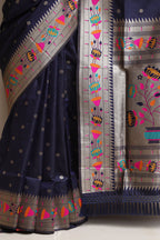 Elegant Blue Silk Paithani Flower Design Saree - Luxurion World