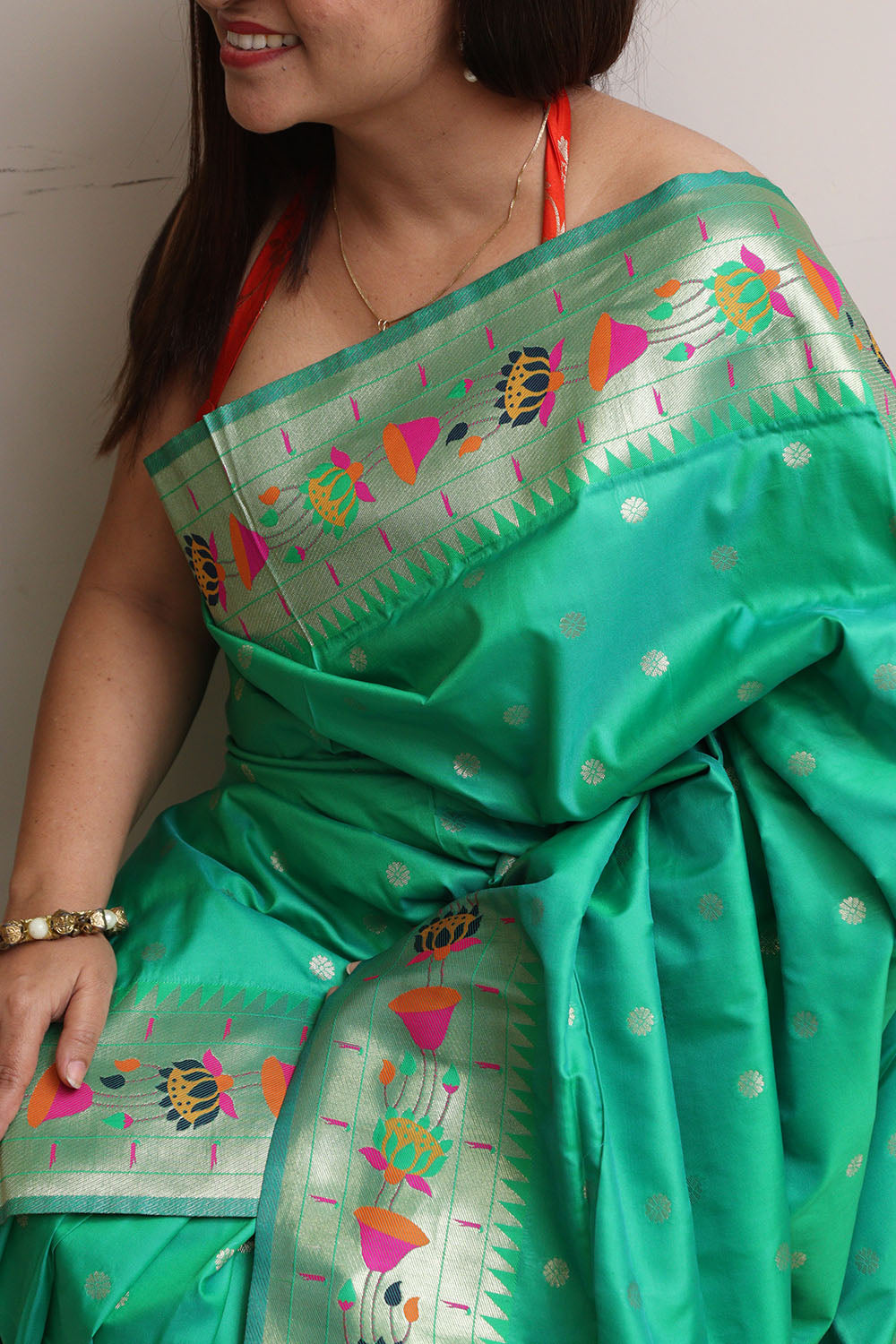 Green Silk Paithani Flower Design Saree - Luxurion World