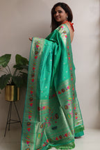 Green Silk Paithani Flower Design Saree - Luxurion World