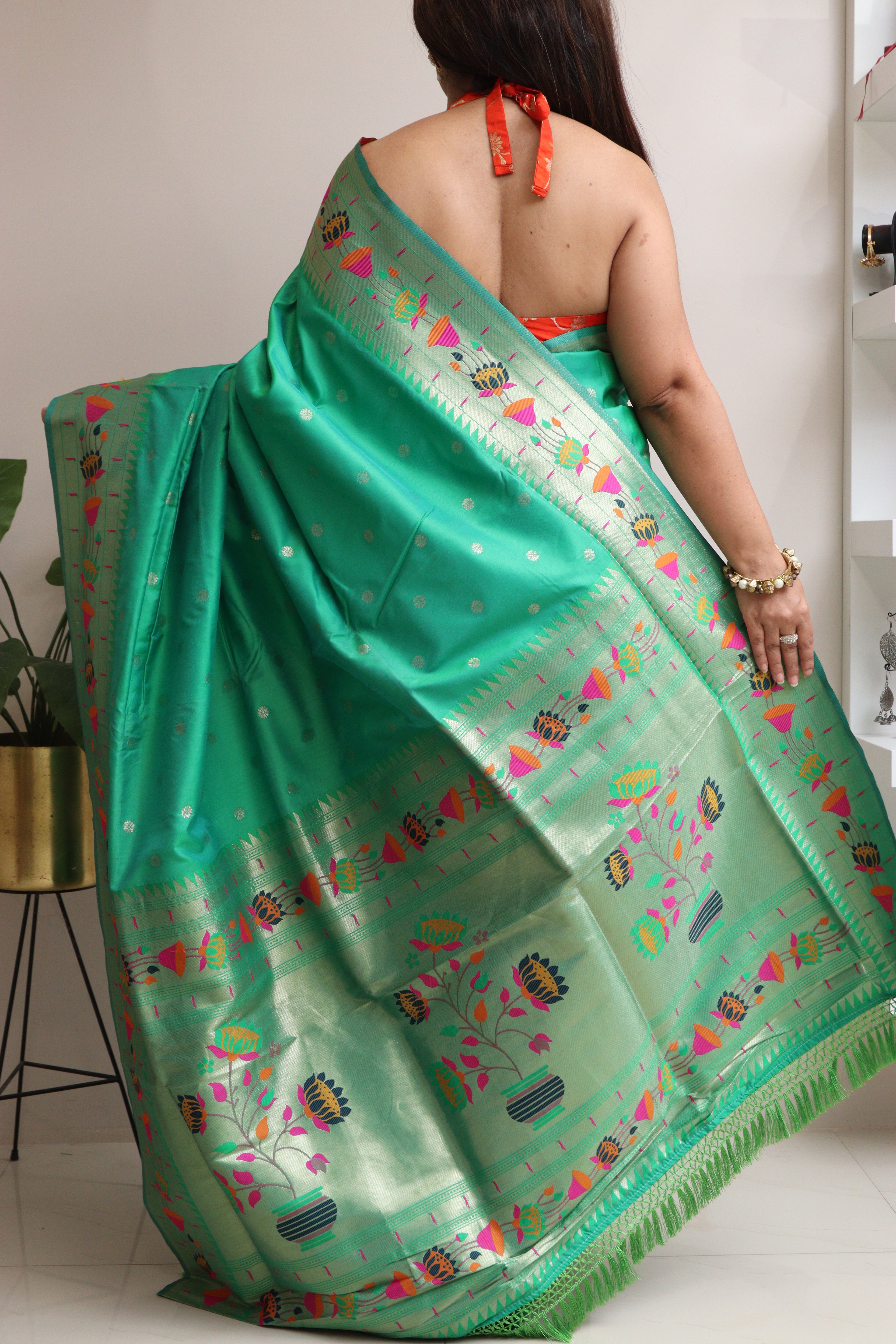 Green Silk Paithani Flower Design Saree - Luxurion World