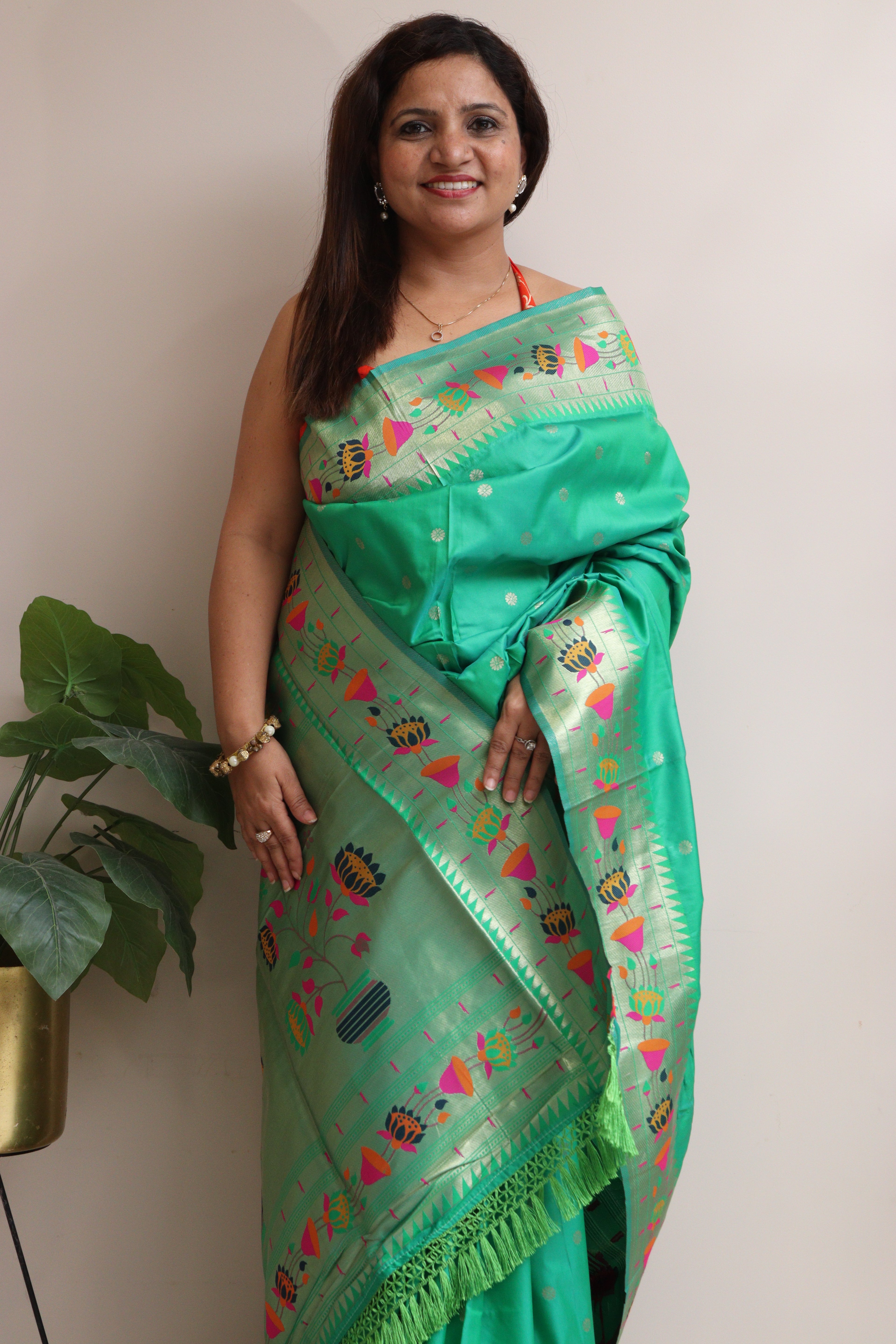 Green Silk Paithani Flower Design Saree - Luxurion World
