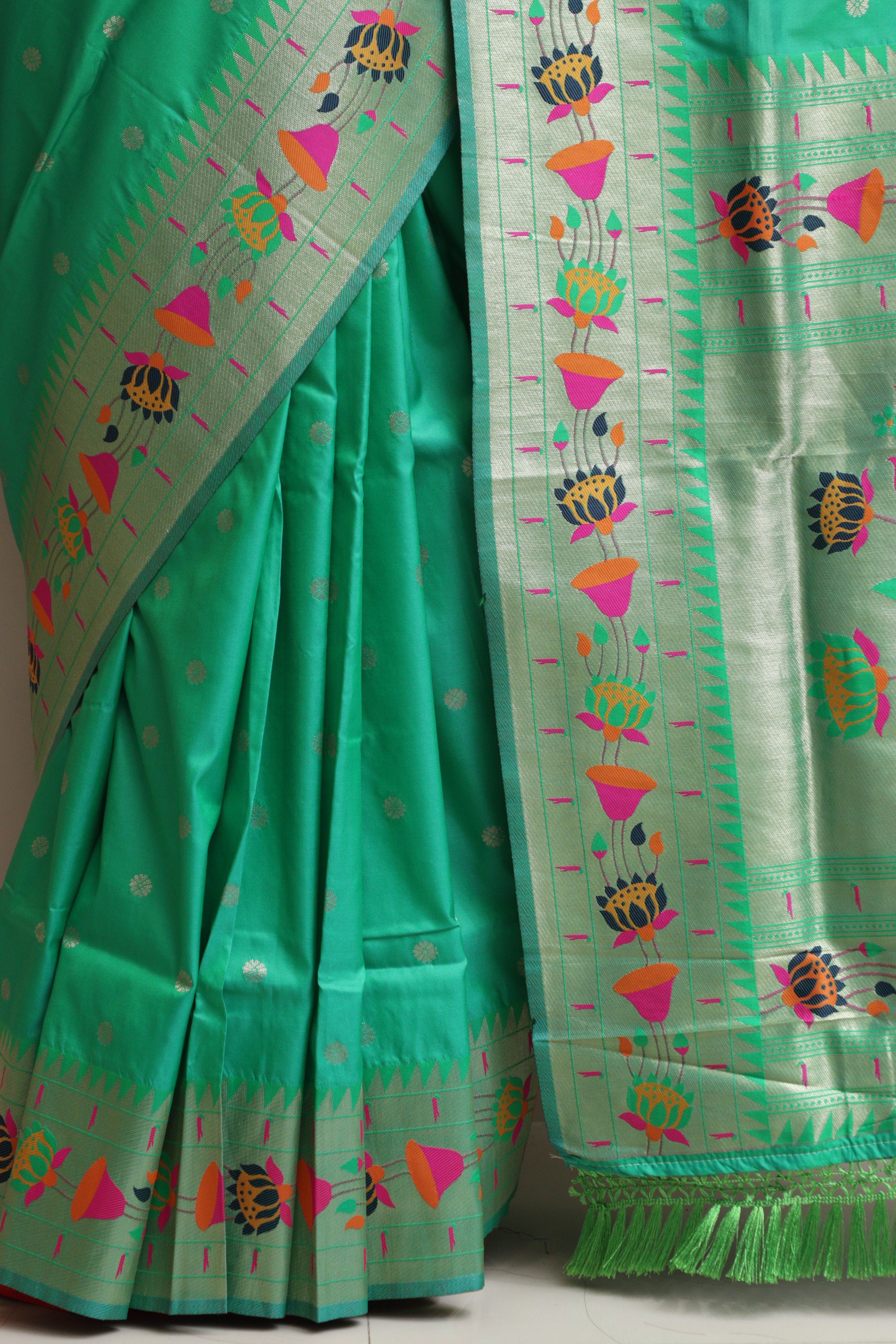 Green Silk Paithani Flower Design Saree - Luxurion World