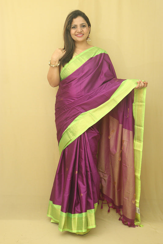 1 Min Ready To Wear - Purple And Green Paithani Cotton Silk Saree - Luxurion World