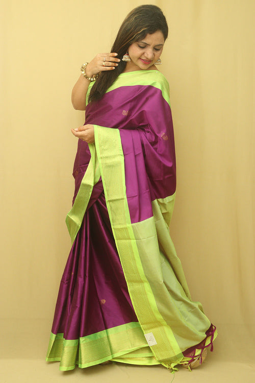 1 Min Ready To Wear - Purple And Green Paithani Cotton Silk Saree - Luxurion World