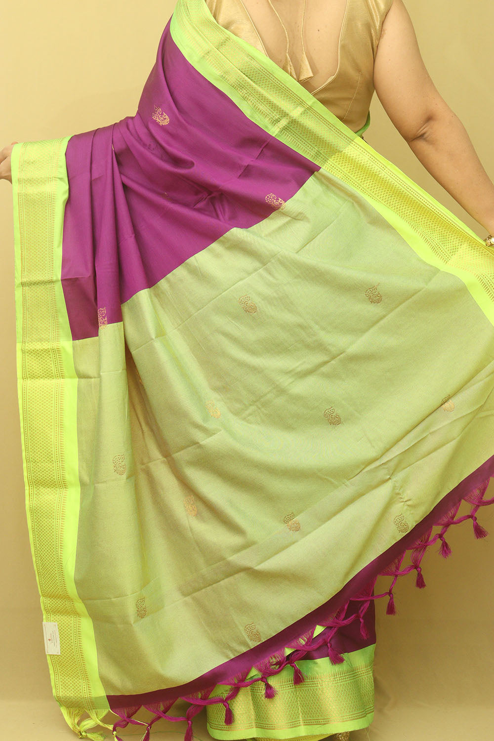 1 Min Ready To Wear - Purple And Green Paithani Cotton Silk Saree - Luxurion World
