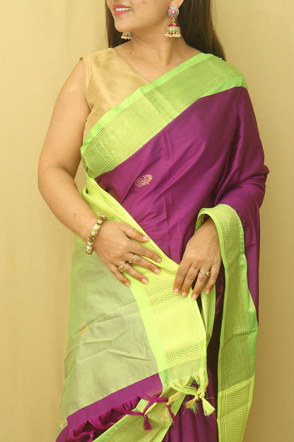 Purple And Green Paithani Cotton Silk Saree - Luxurion World