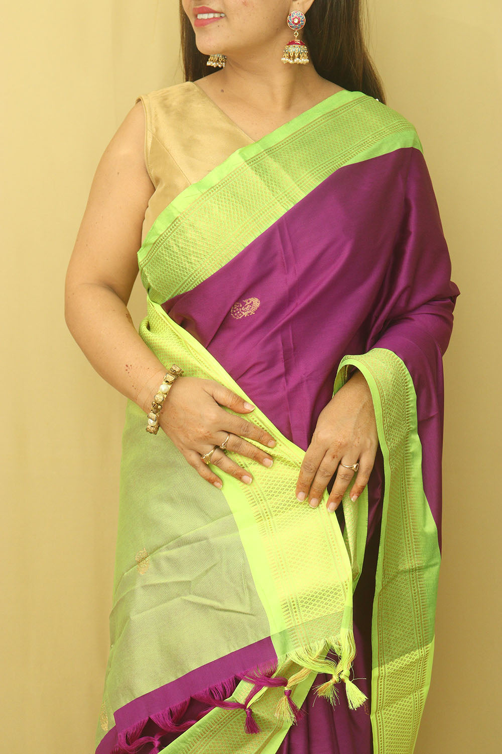 1 Min Ready To Wear - Purple And Green Paithani Cotton Silk Saree - Luxurion World