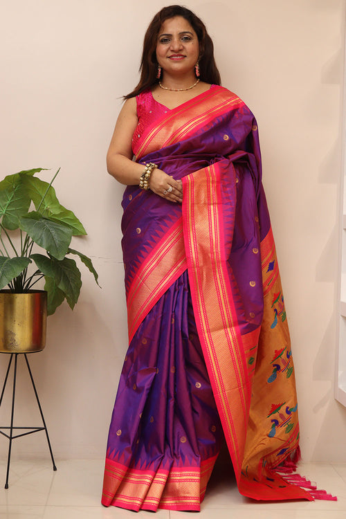 Elegant Purple Paithani Silk Peacock Design Saree - Luxurion World