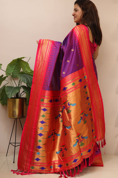 Elegant Purple Paithani Silk Peacock Design Saree - Luxurion World