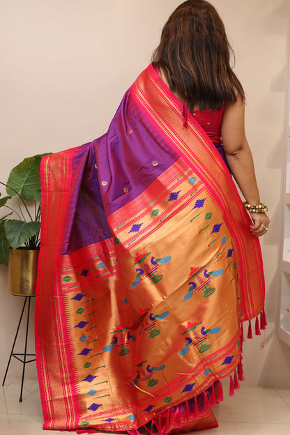 Elegant Purple Paithani Silk Peacock Design Saree - Luxurion World
