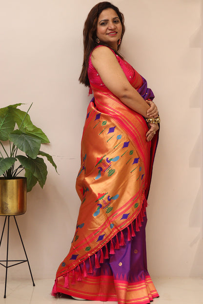 Elegant Purple Paithani Silk Peacock Design Saree - Luxurion World