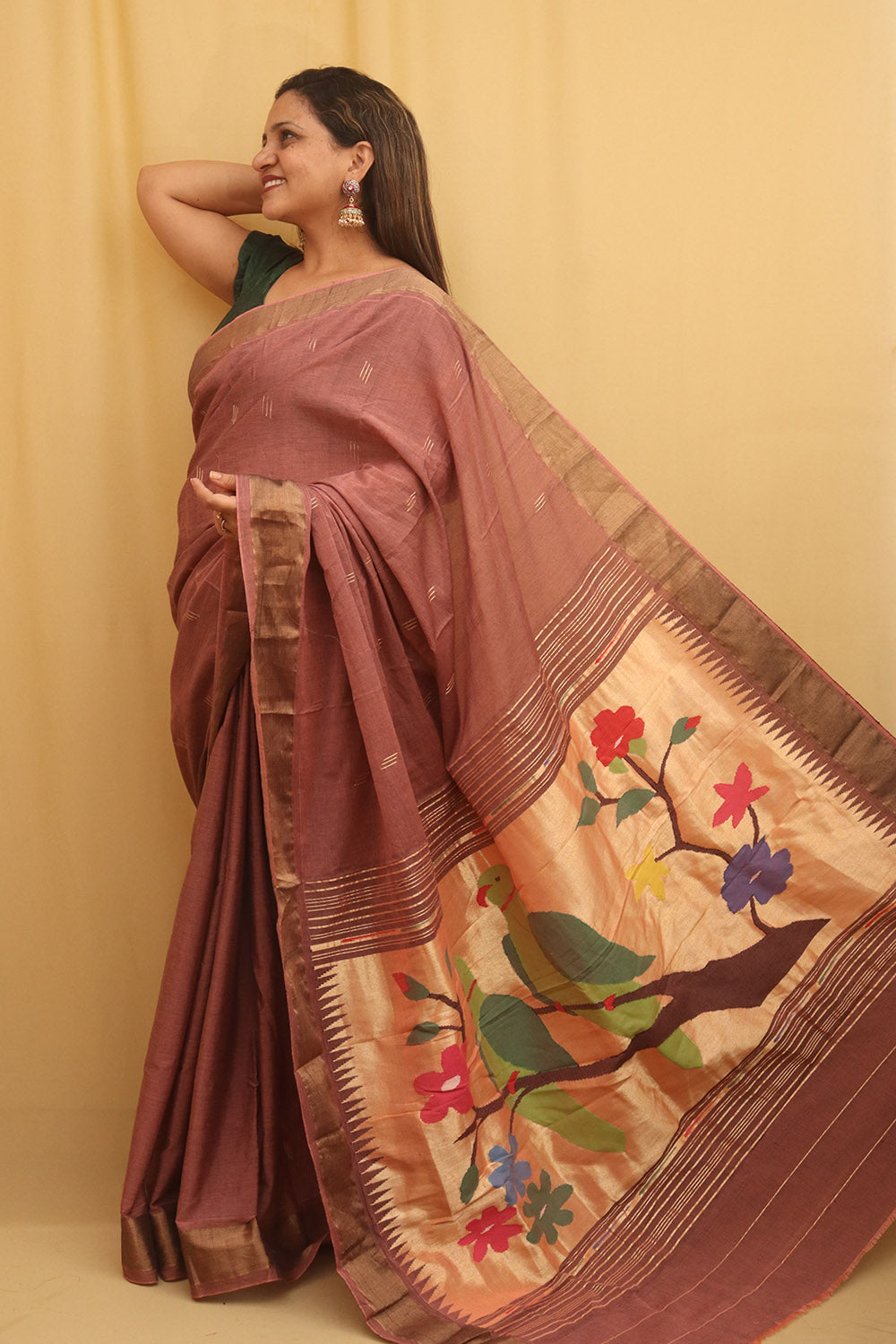 Pink Handloom Paithani Pure Cotton Parrot And Floral Design Saree - Luxurion World