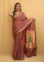 Pink Handloom Paithani Pure Cotton Parrot And Floral Design Saree - Luxurion World