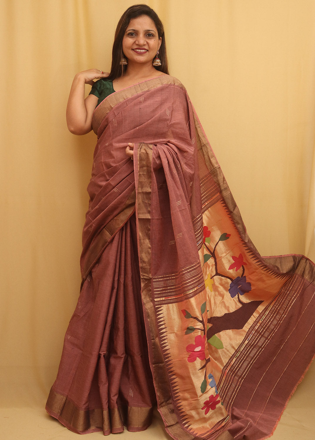 Pink Handloom Paithani Pure Cotton Parrot And Floral Design Saree - Luxurion World