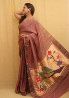 Pink Handloom Paithani Pure Cotton Parrot And Floral Design Saree - Luxurion World