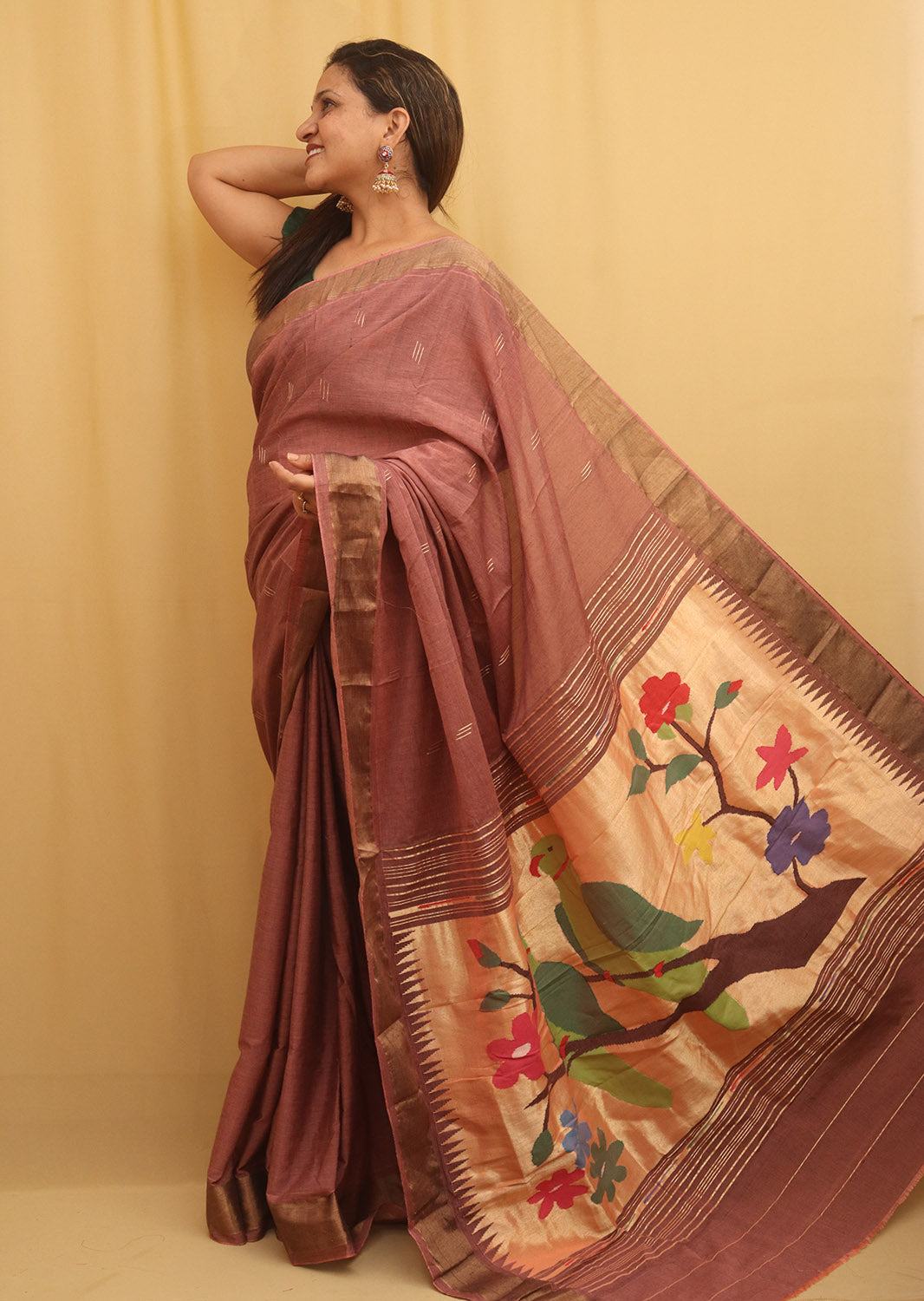 Pink Handloom Paithani Pure Cotton Parrot And Floral Design Saree - Luxurion World