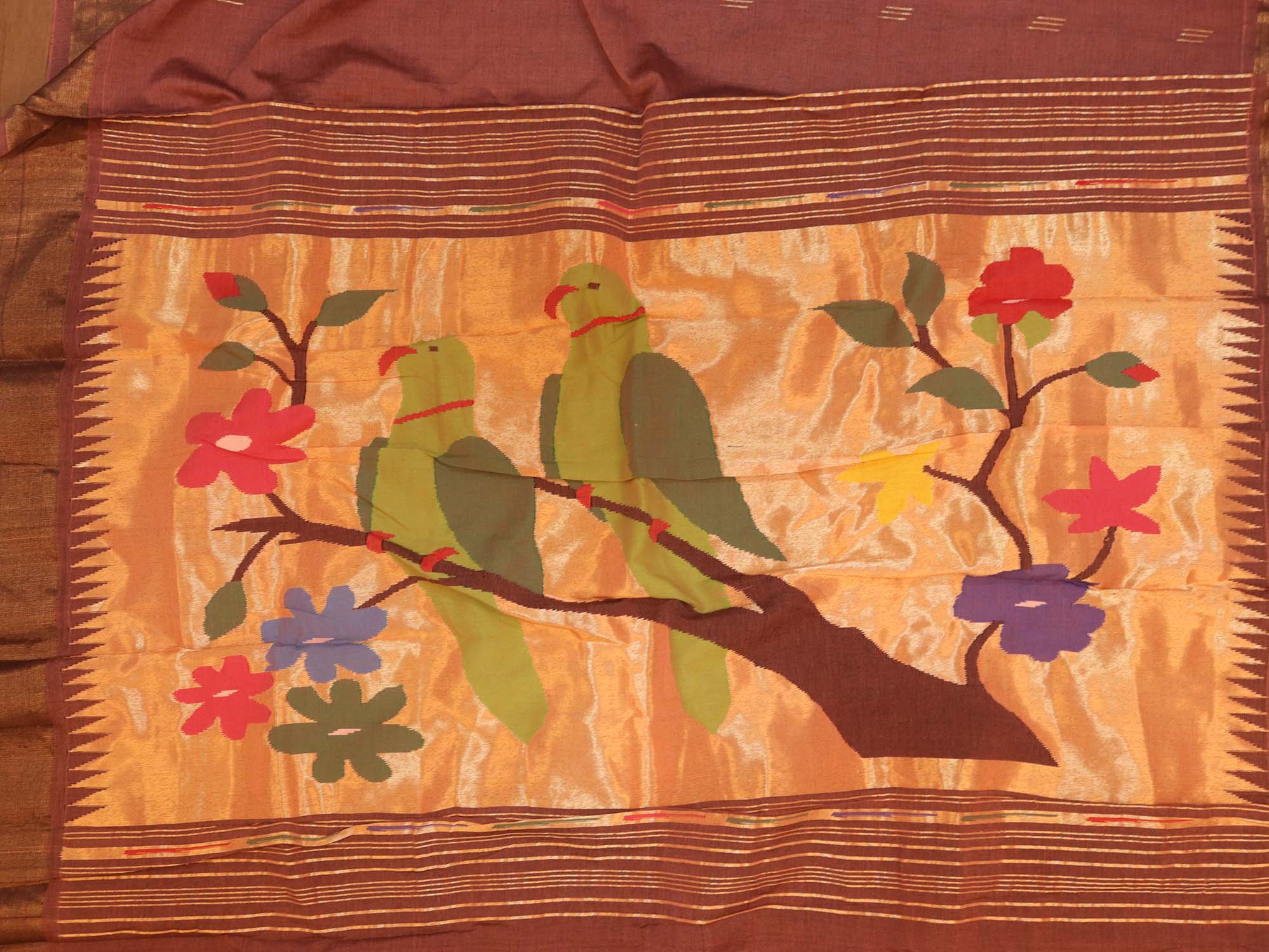 Pink Handloom Paithani Pure Cotton Parrot And Floral Design Saree - Luxurion World