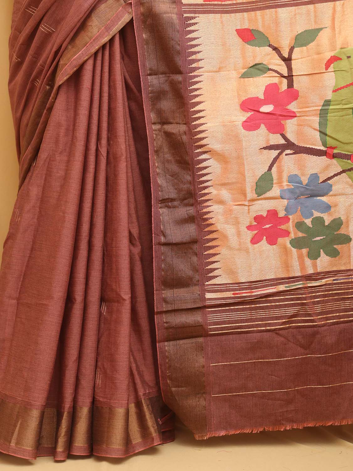 Pink Handloom Paithani Pure Cotton Parrot And Floral Design Saree - Luxurion World