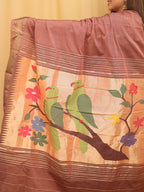 Pink Handloom Paithani Pure Cotton Parrot And Floral Design Saree - Luxurion World