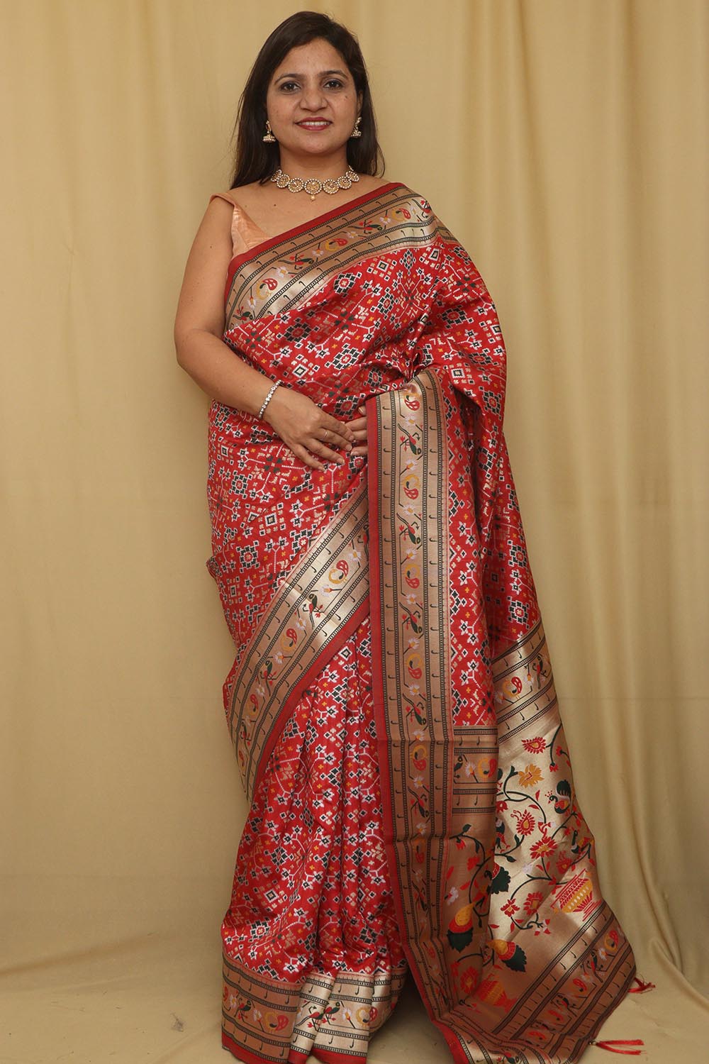 Red Paithani Patola Silk Bird Design Saree - Luxurion World