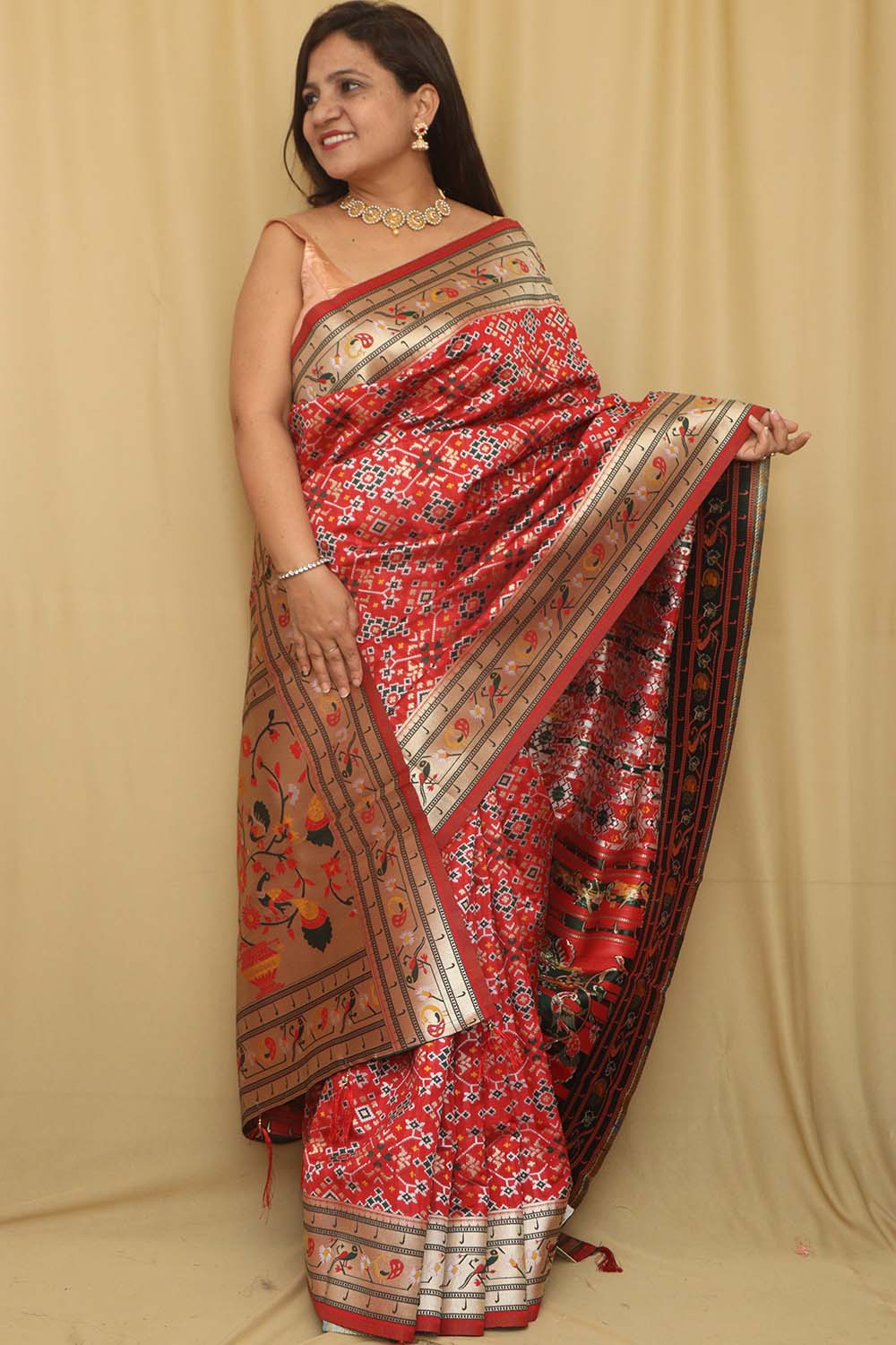 Red Paithani Patola Silk Bird Design Saree - Luxurion World