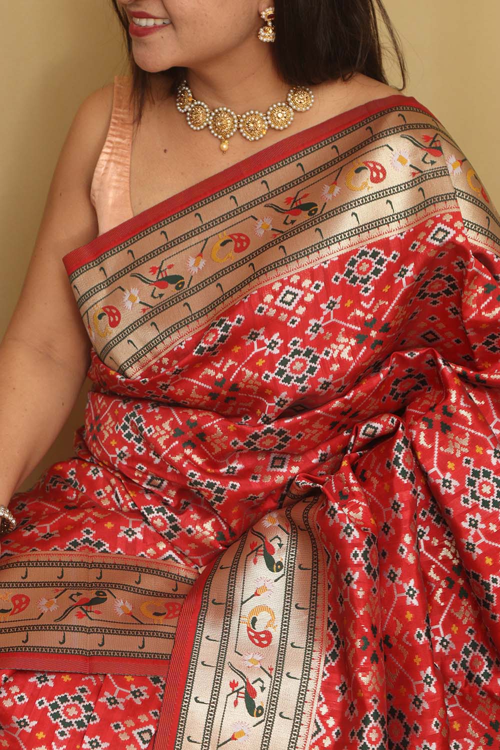 Red Paithani Patola Silk Bird Design Saree - Luxurion World
