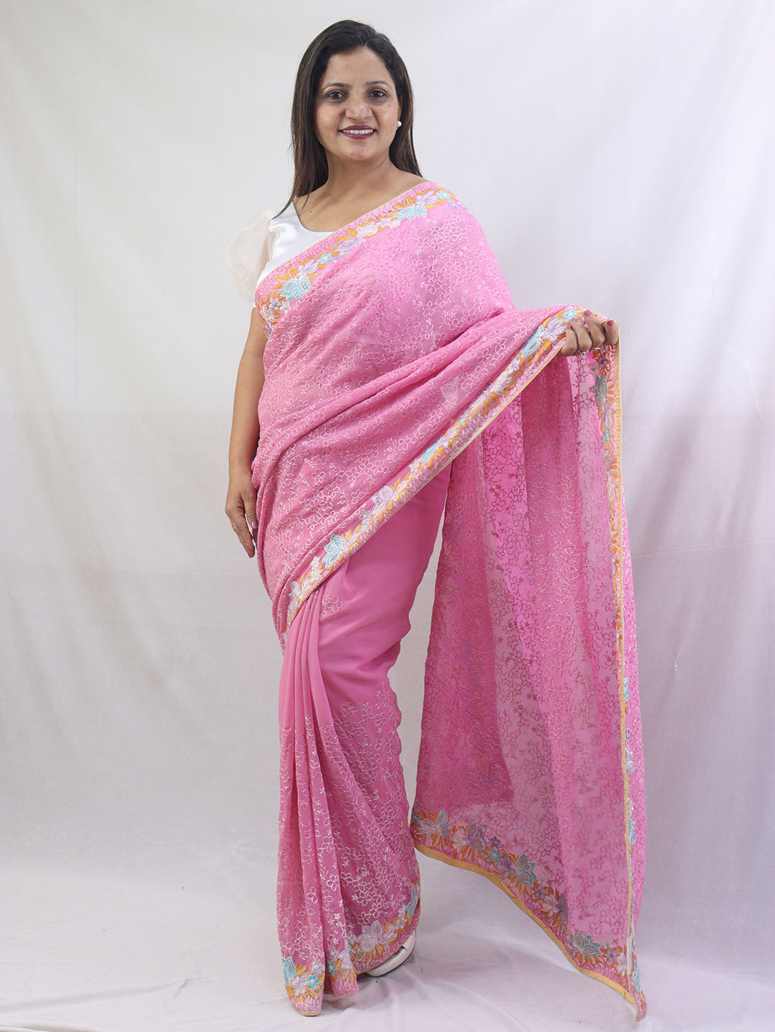 Stunning Pink Georgette Saree with Intricate Thread Work Embroidery