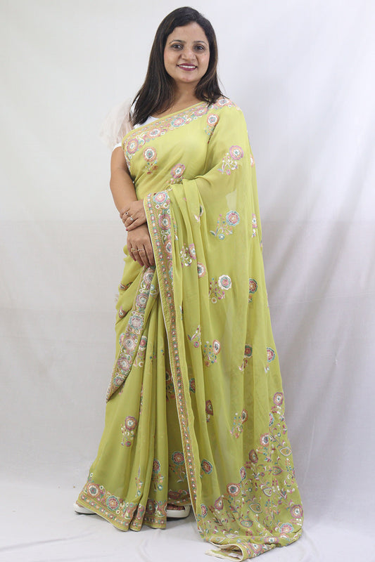 Stunning Green Parsi Gara Saree with Embroidered Georgette - Perfect for Any Occasion! - Luxurion World
