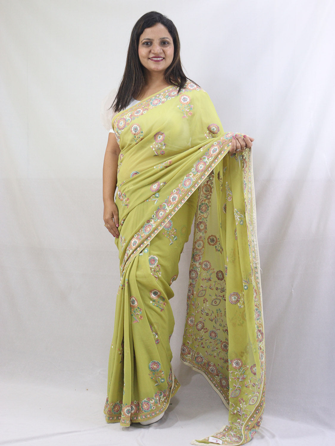 Stunning Green Parsi Gara Saree with Embroidered Georgette - Perfect for Any Occasion! - Luxurion World