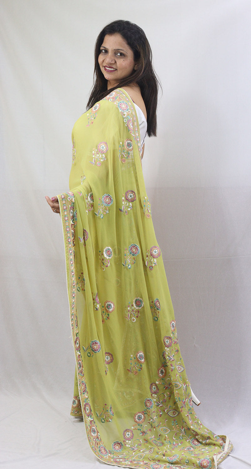 Stunning Green Parsi Gara Saree with Embroidered Georgette - Perfect for Any Occasion! - Luxurion World