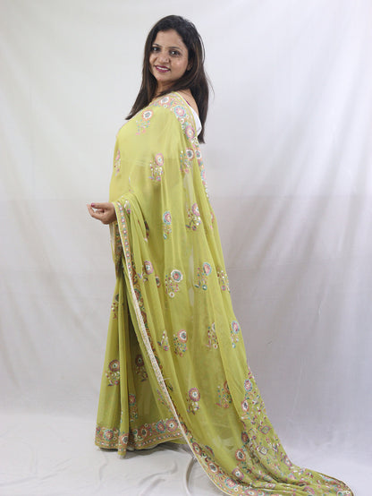Stunning Green Parsi Gara Saree with Embroidered Georgette - Perfect for Any Occasion!