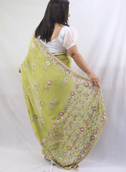 Stunning Green Parsi Gara Saree with Embroidered Georgette - Perfect for Any Occasion!