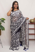 Blue Embroidered Parsi Gara Pure Organza Floral And Bird Design Saree - Luxurion World