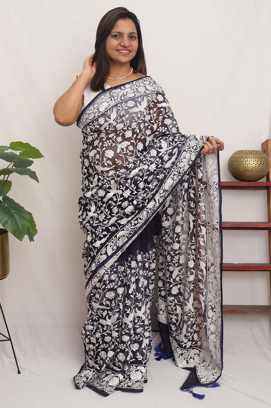 Blue Embroidered Parsi Gara Pure Organza Floral And Bird Design Saree - Luxurion World