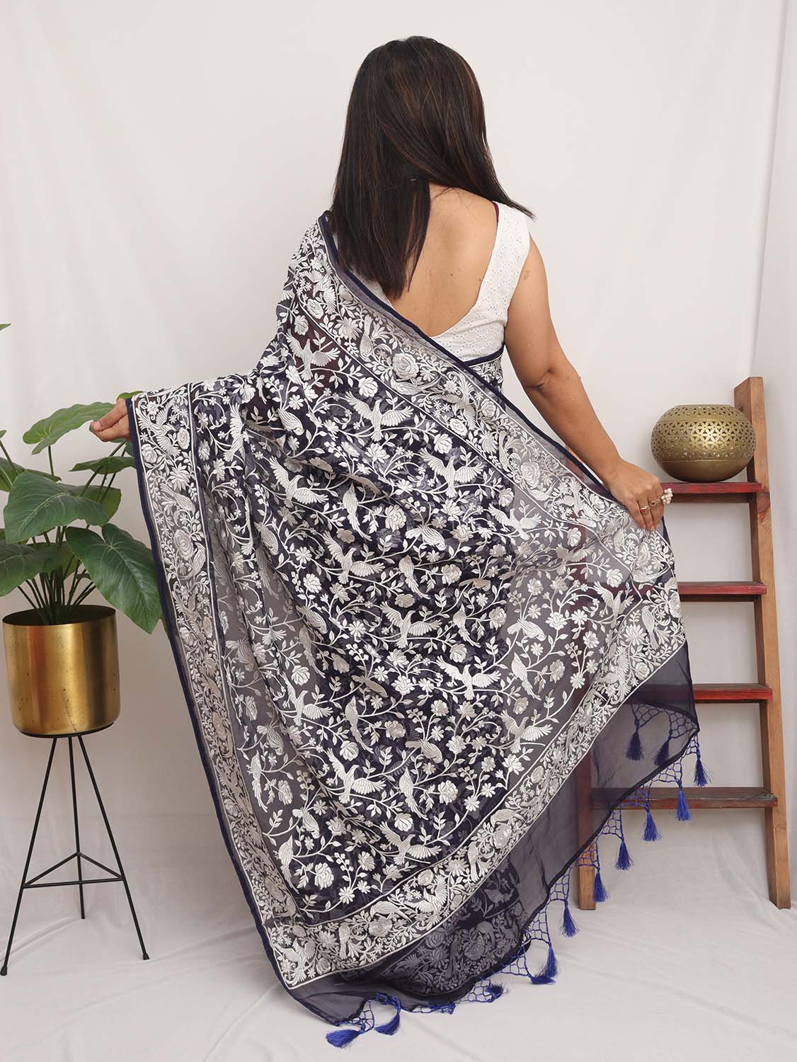 Blue Embroidered Parsi Gara Pure Organza Floral And Bird Design Saree - Luxurion World