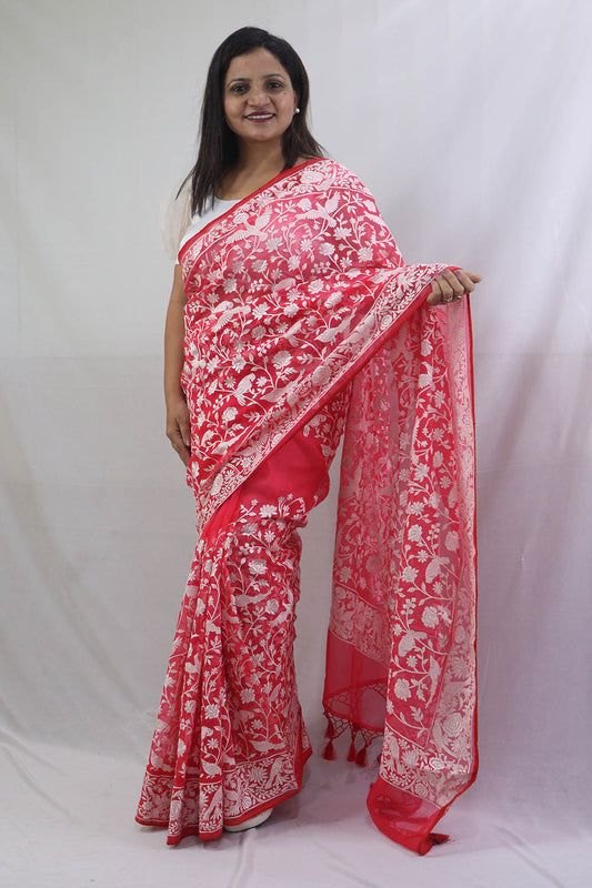 Exquisite Red Organza Saree with Embroidered Parsi Gara Floral and Bird Design